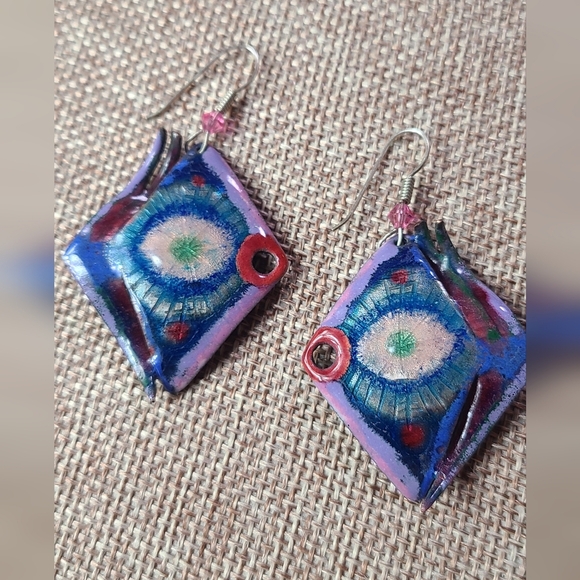 Colorful  purple blue red fish like art painter Earrings - Picture 9 of 12